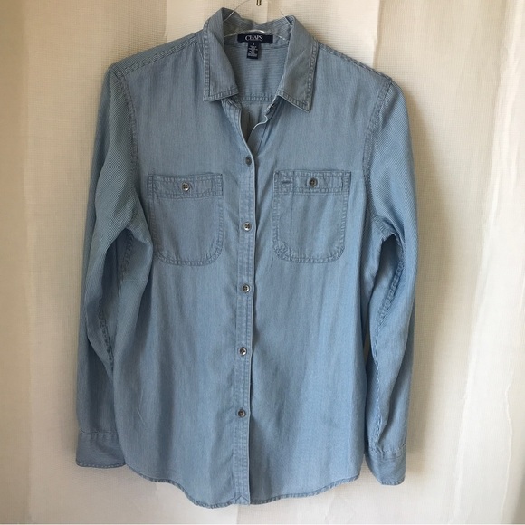 Chaps size M long sleeve button up shirt blue/white small stripe - Picture 2 of 8